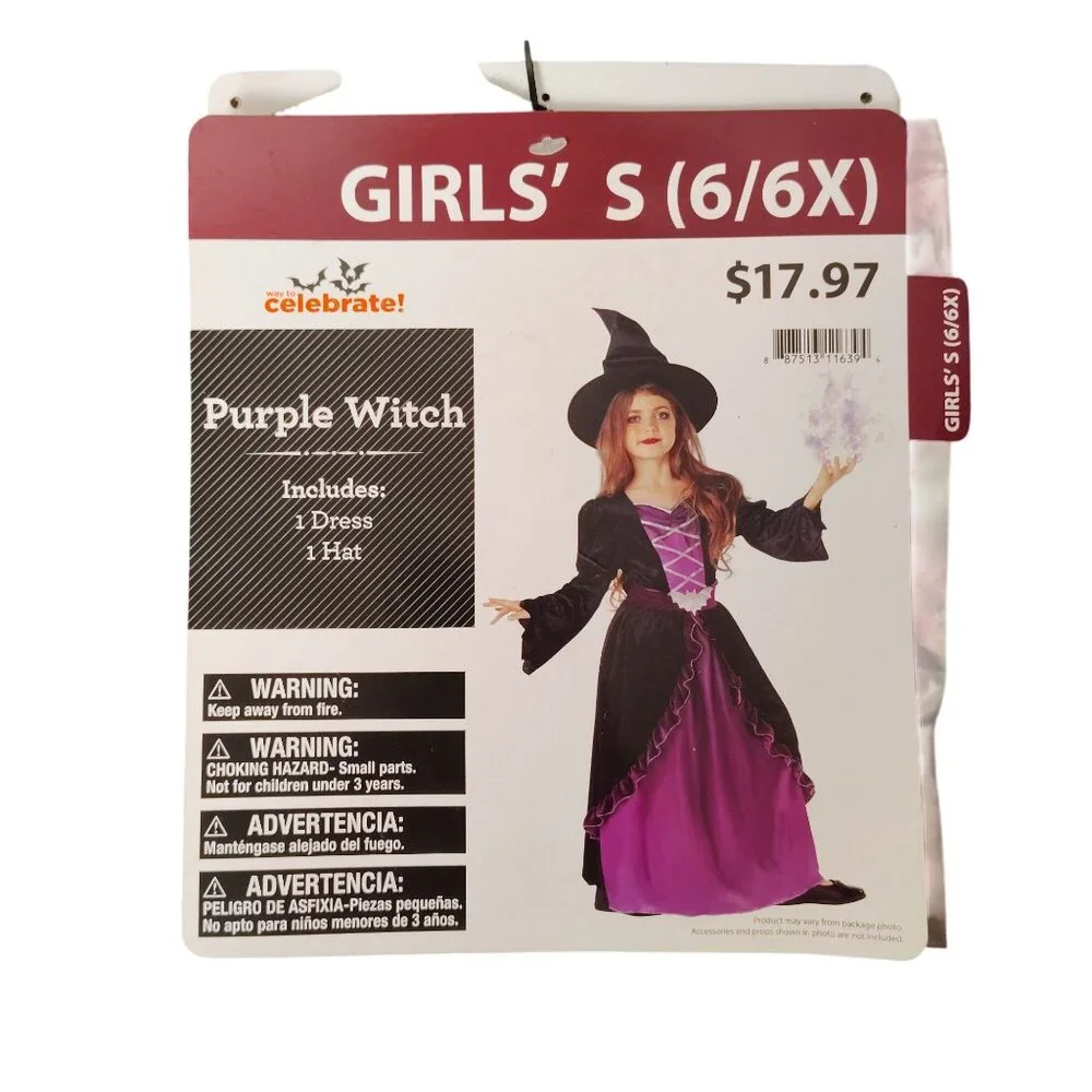 Celebrate Girls S (6/6X) Purple Witch Halloween Costume With Hat 2-Piece
